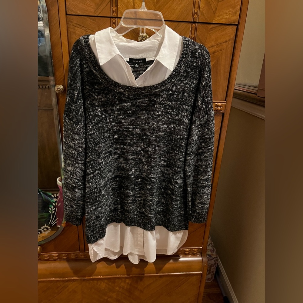 Heathered Black Sweater with white cotton blouse built in